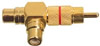 Adaptateur RCA mâle - 2x RCA femelle, bague rouge, angle 90°, doré